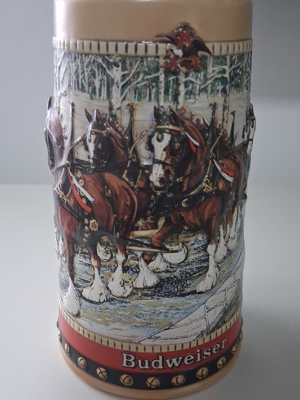 Budweiser 1988 Vintage Clydesdale Ceramic Stein in Brown, White, Red and Gold